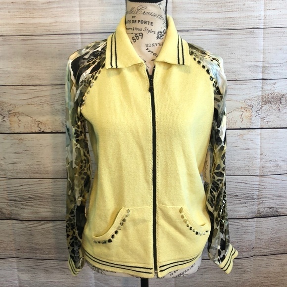 Elaris Designs Cardigan Hand Loomed Leopard Print Collar Front Zipper Size Small - Picture 2 of 13